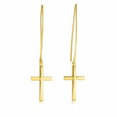 14K Yellow Gold Hanging Cross Charm Earrings